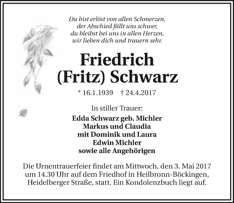  Traueranzeige für Friedrich Schwarz vom 28.04.2017 aus 