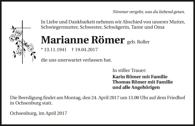  Traueranzeige für Marianne Römer vom 22.04.2017 aus 