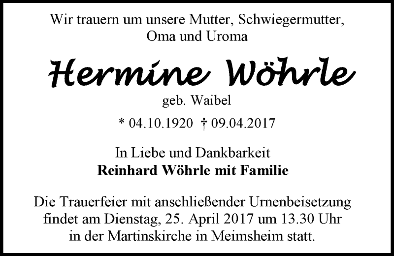  Traueranzeige für Hermine Wöhrle vom 20.04.2017 aus 