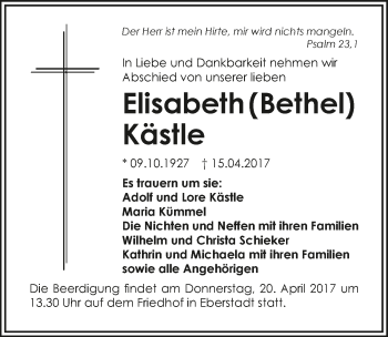 Traueranzeige von Elisabeth Kästle 
