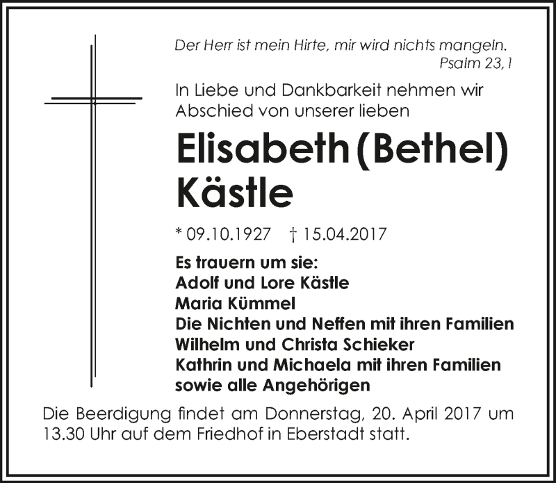  Traueranzeige für Elisabeth Kästle vom 18.04.2017 aus 