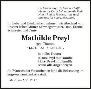 Traueranzeige von Mathilde Preyl 