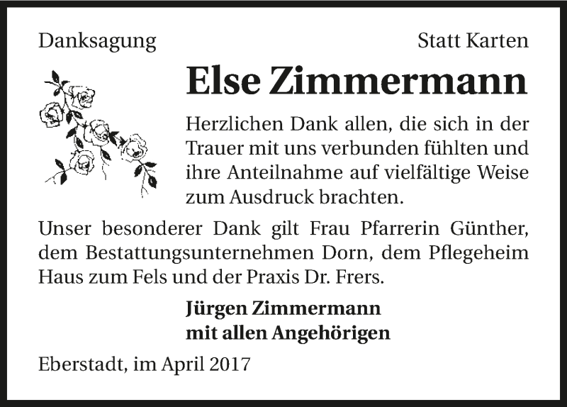  Traueranzeige für Else Zimmermann vom 05.04.2017 aus 
