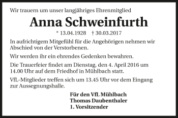 Traueranzeige von Anna Schweinfurth 