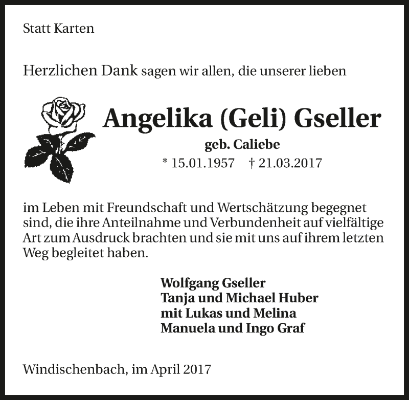  Traueranzeige für Angelika Gseller vom 15.04.2017 aus 
