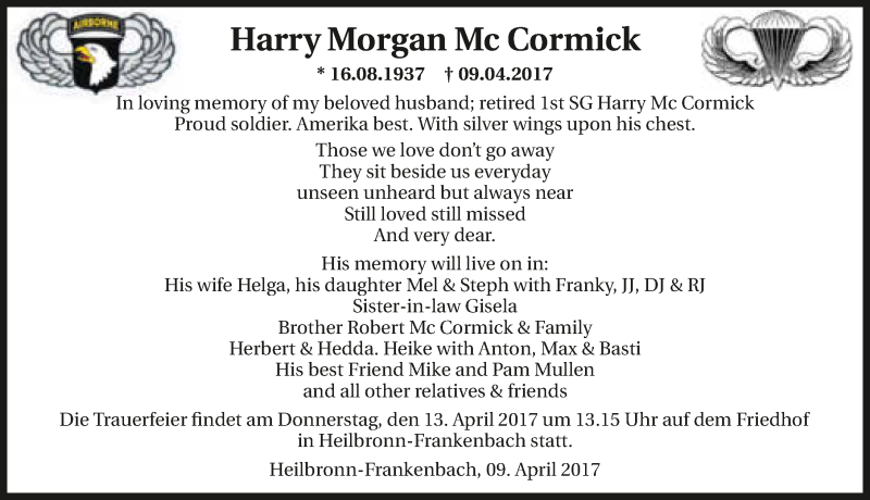  Traueranzeige für Harry Morgan Mc Cormick vom 11.04.2017 aus 