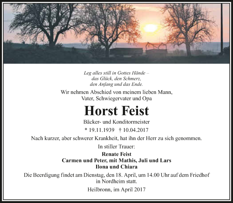  Traueranzeige für Horst Feist vom 15.04.2017 aus 