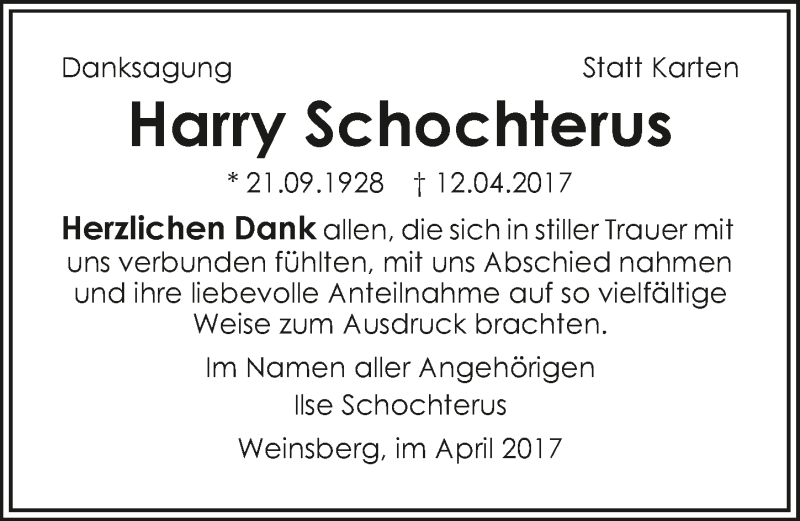  Traueranzeige für Harry Schochterus vom 28.04.2017 aus 
