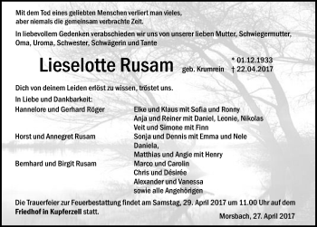 Traueranzeige von Lieselotte Rusam 