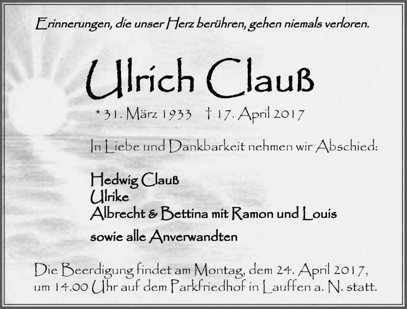  Traueranzeige für Ulrich Clauß vom 21.04.2017 aus 