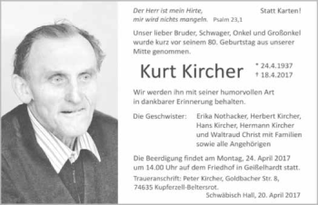 Traueranzeige von Kurt Kircher 