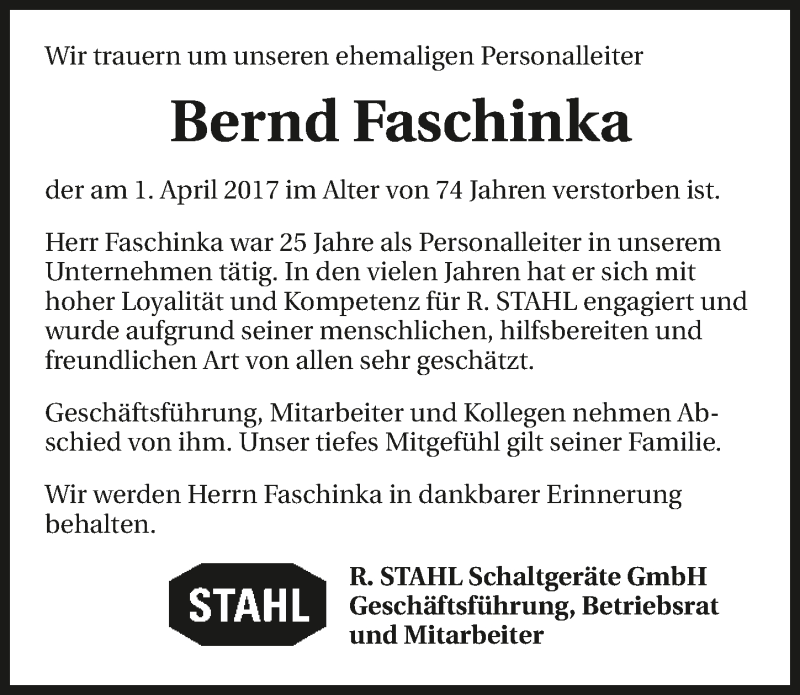  Traueranzeige für Bernd Faschinka vom 07.04.2017 aus 