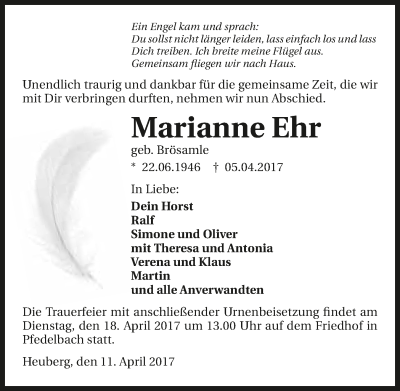  Traueranzeige für Marianne Ehr vom 11.04.2017 aus 
