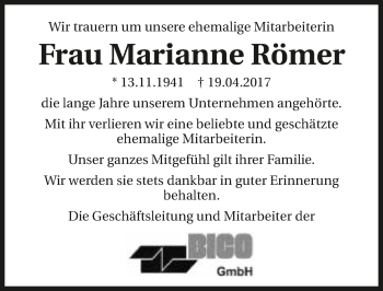Traueranzeige von Marianne Römer 