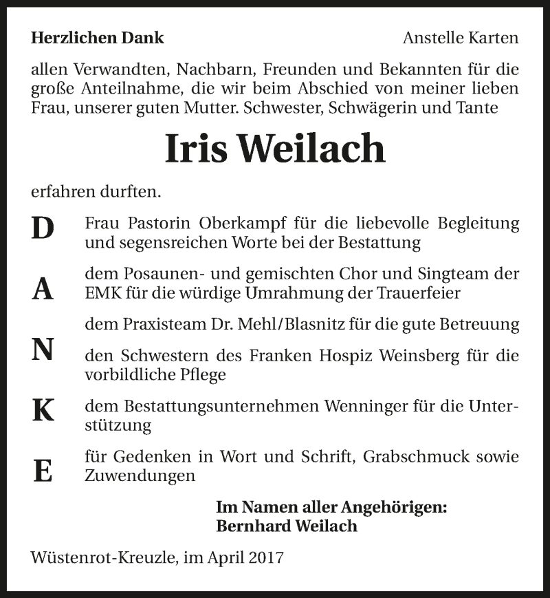  Traueranzeige für Iris Weilach vom 22.04.2017 aus 