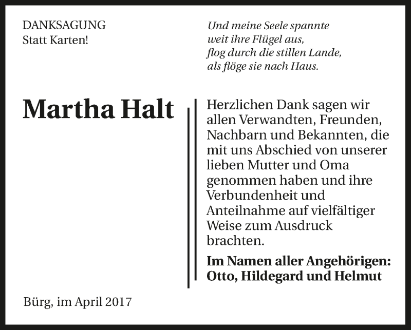  Traueranzeige für Martha Halt vom 08.04.2017 aus 