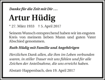 Traueranzeige von Artur Hüdig 