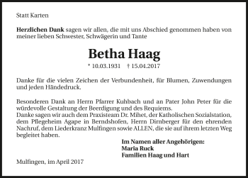 Traueranzeige von Betha Haag 