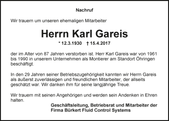 Traueranzeige von Karl Gareis 