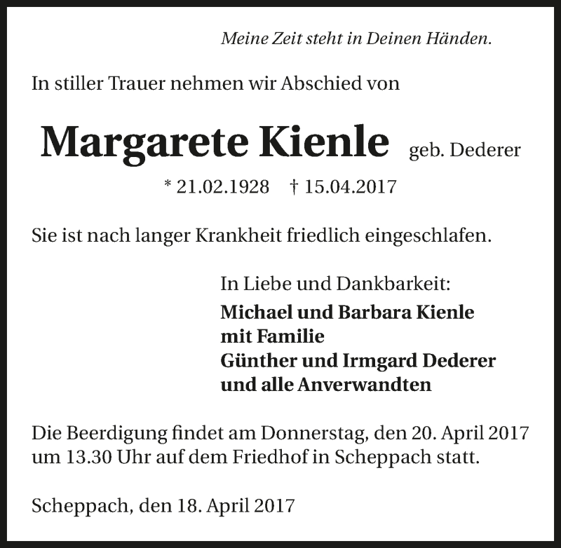  Traueranzeige für Margarete Kienle vom 18.04.2017 aus 