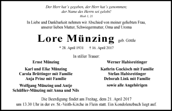 Traueranzeige von Lore Münzing 