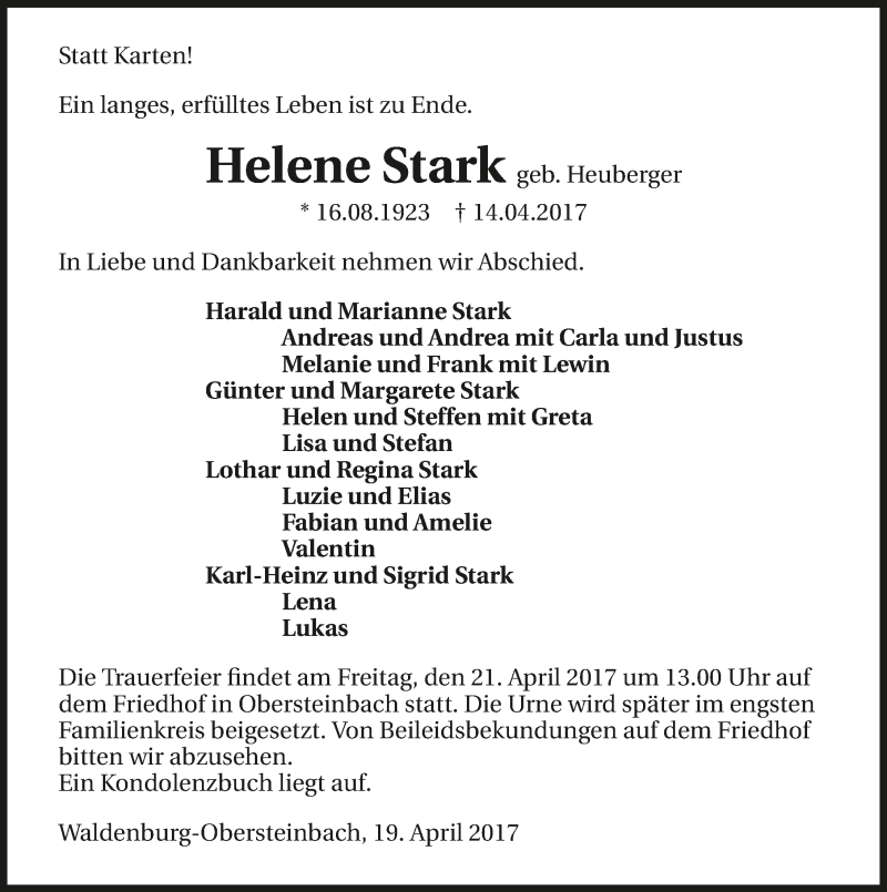  Traueranzeige für Helene Stark vom 19.04.2017 aus 