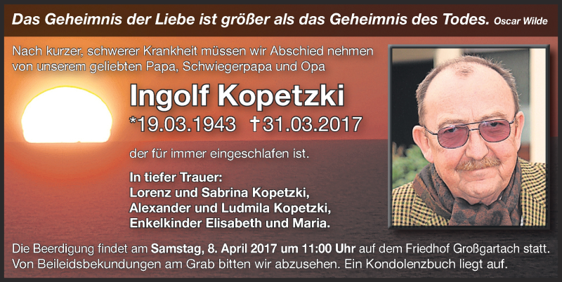  Traueranzeige für Ingolf Kopetzki vom 06.04.2017 aus 