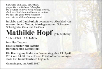 Traueranzeige von Mathilde Hopf 