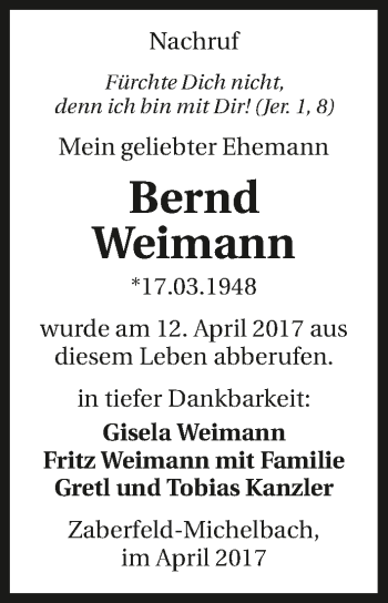 Traueranzeige von Bernd Weimann 