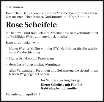 Traueranzeige von Rose Scheifele 