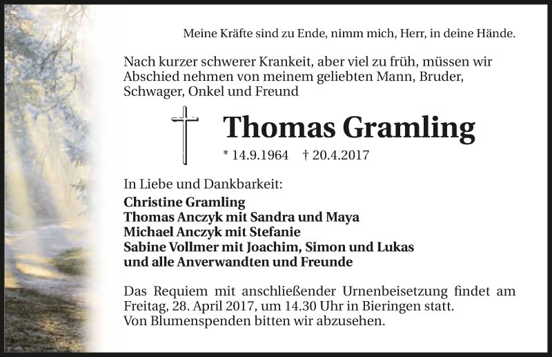  Traueranzeige für Thomas Gramling vom 22.04.2017 aus 