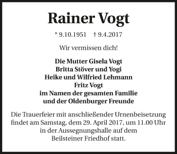 Traueranzeige von Rainer Vogt 