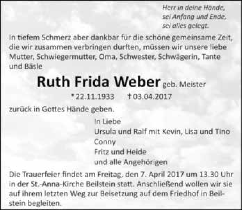  Traueranzeige für Ruth Frida Weber vom 05.04.2017 aus 