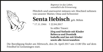 Traueranzeige von Senta Hebisch 