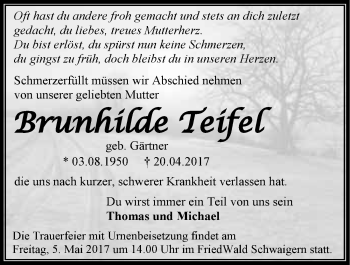 Traueranzeige von Brunhilde Teifel 