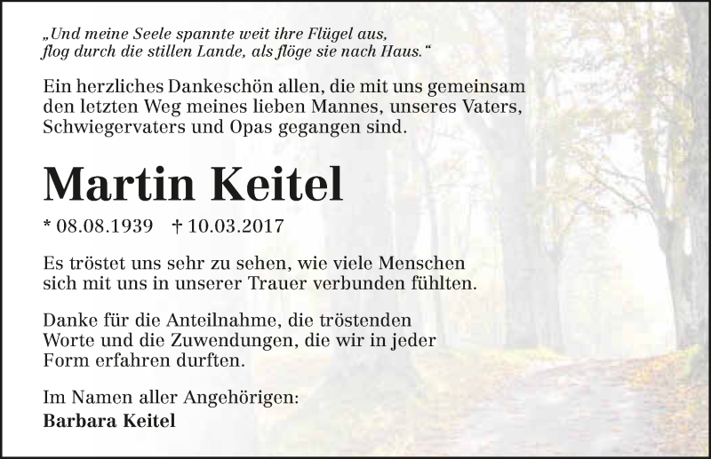  Traueranzeige für Martin Keitel vom 08.04.2017 aus 