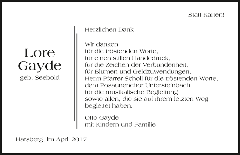  Traueranzeige für Lore Gayde vom 08.04.2017 aus 