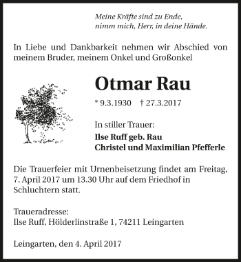 Traueranzeige von Otmar Rau 