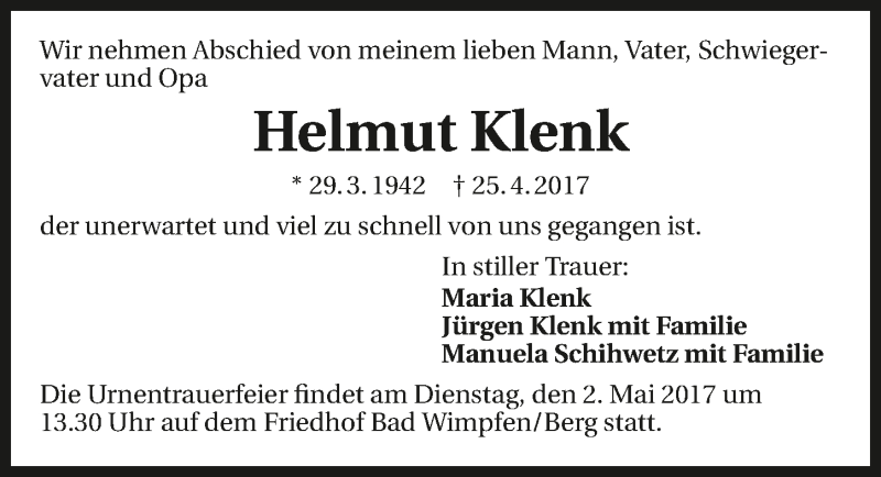  Traueranzeige für Helmut Klenk vom 29.04.2017 aus 