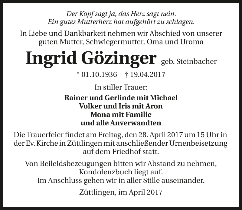  Traueranzeige für Ingrid Gözinger vom 22.04.2017 aus 