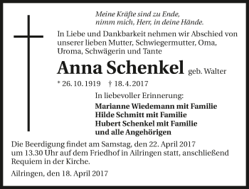 Traueranzeige von Anna Schenkel 