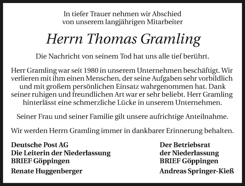  Traueranzeige für Thomas Gramling vom 25.04.2017 aus 