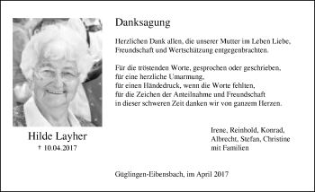 Traueranzeige von Hilde Layher 