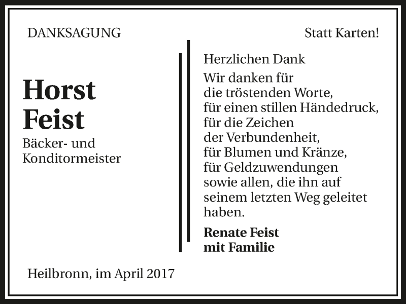  Traueranzeige für Horst Feist vom 22.04.2017 aus 