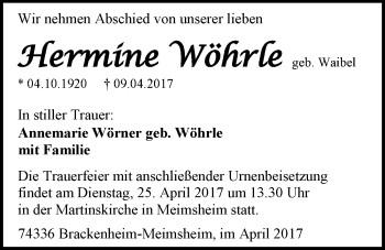 Traueranzeige von Hermine Wöhrle 
