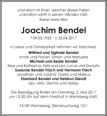 Traueranzeige von Joachim Bendel 