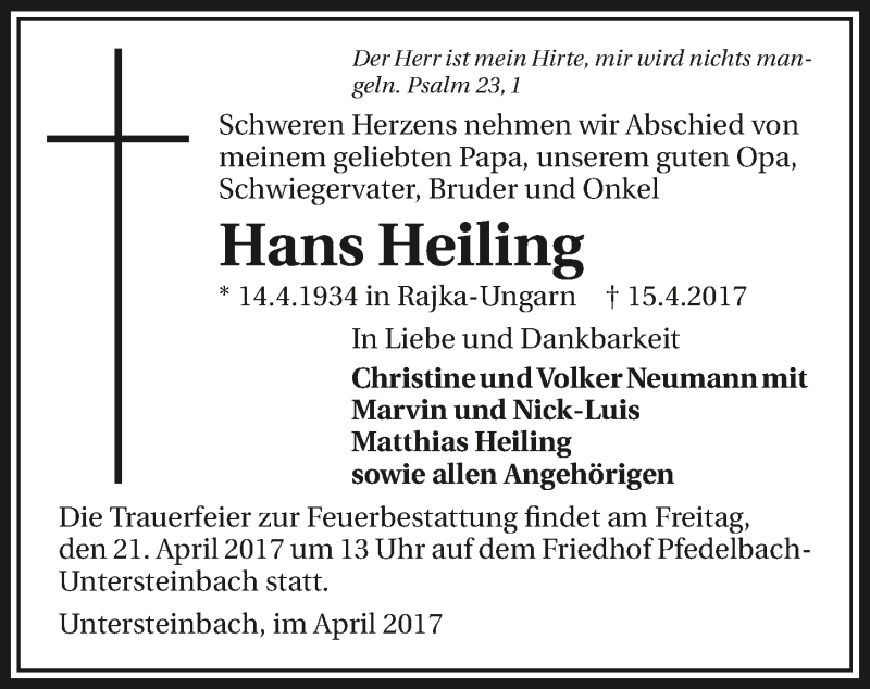  Traueranzeige für Hans Heiling vom 19.04.2017 aus 