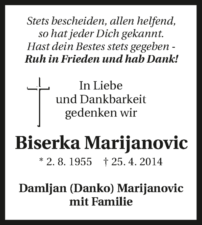  Traueranzeige für Biserka Marijanovic vom 25.04.2017 aus 