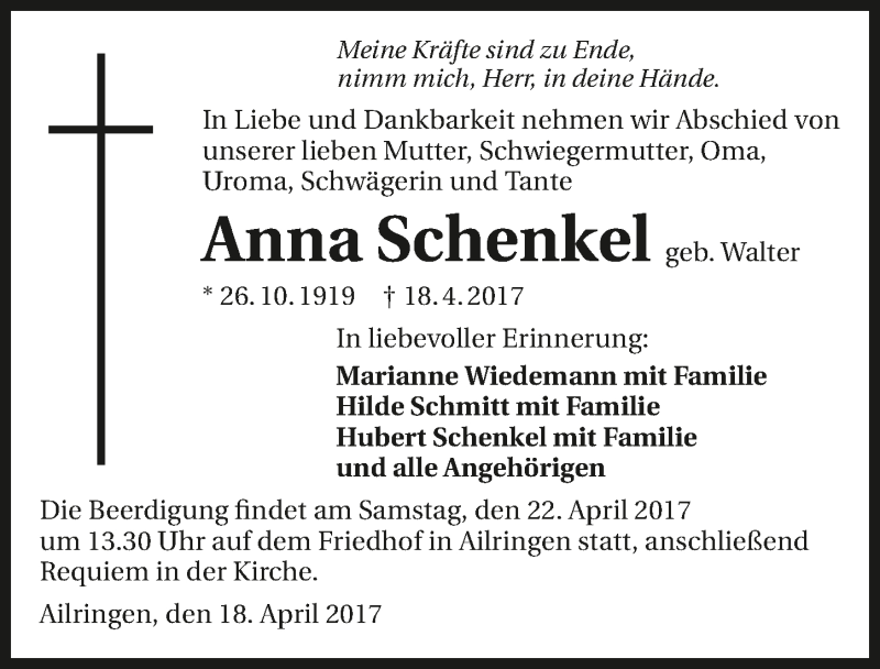  Traueranzeige für Anna Schenkel vom 20.04.2017 aus 