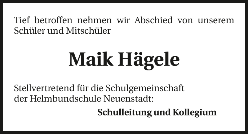  Traueranzeige für Maik Hägele vom 27.04.2017 aus 